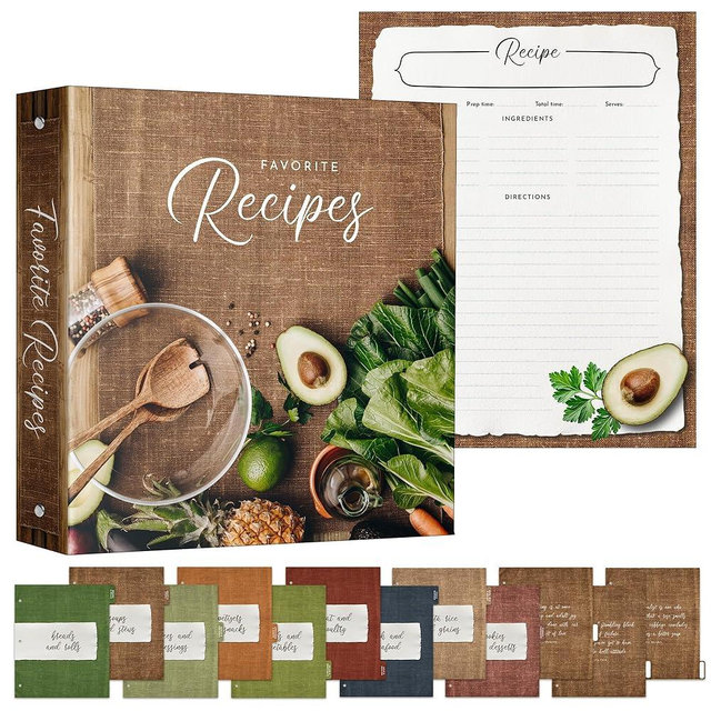 Recipe Binder Organizer with Plastic Sleeves, Ring Binder Recipe Book for Writing and Storing Recipes, Includes Designed Pages and Dividers, 11 x 12 Inch, Brown