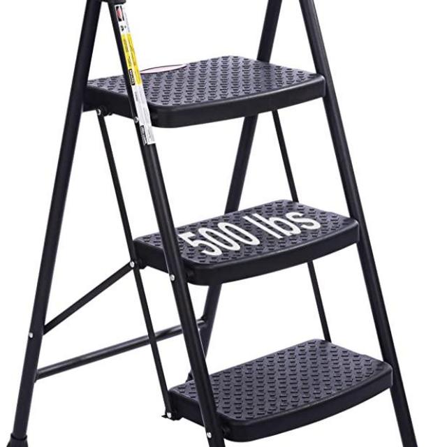3 Step Ladder, Folding Step Stool with Handle, Lightweight, Perfect for Kitchen& Household, 500lbs Capacity Sturdy Steel Ladder, Step Stools for Adults (Black-3-Step)