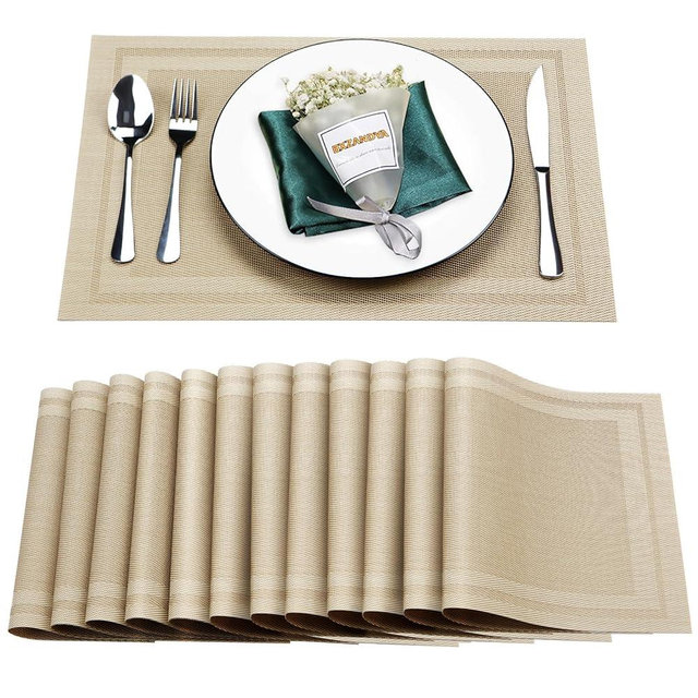 Bxzandya Placemats Set of 12,Washable,Heat and Stain Resistant Indoor/Outdoor Place mats, Vinyl Woven Non Slip Table Mats for Restaurant Table Protection, PVC Table Placemats(Beige, 12PCS)