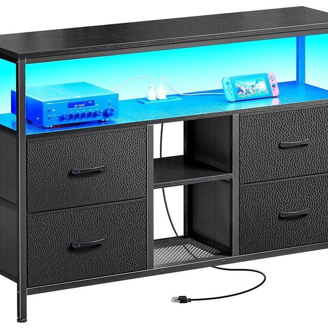 Huuger TV Stand Dresser with Power Outlets and LED Lights, 4 Drawers Entertainment Center with Open Shelf, Media Console for 50 43 Inch TV, Dresser with PU Finish, Black
