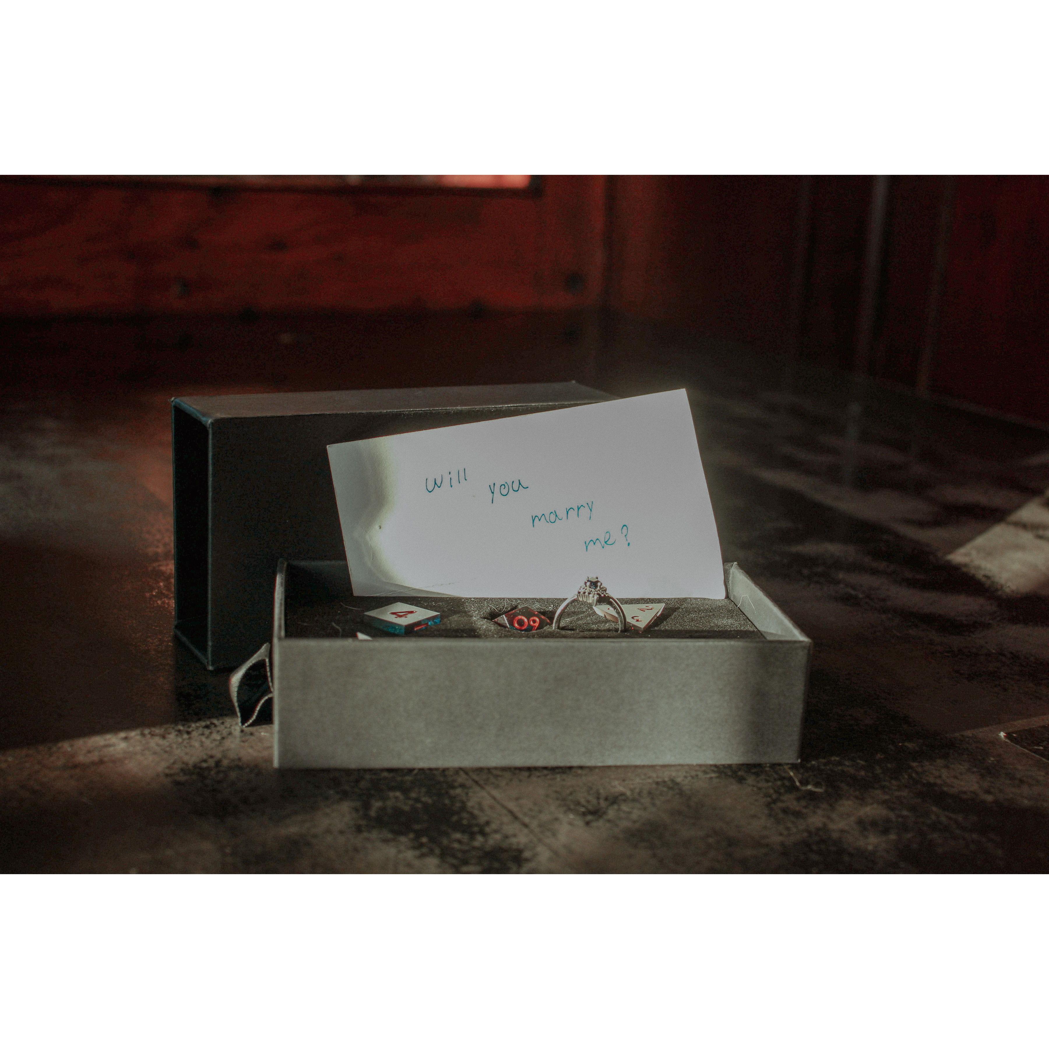 This is the ring, note and dice box that Dylan proposed with (Engagement shoot)
