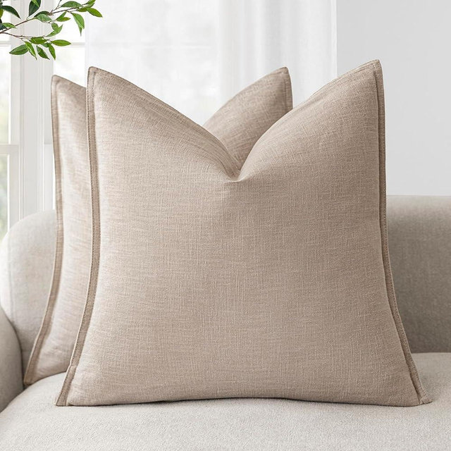 Foindtower Pack of 2, Decorative Linen Soild Throw Pillow Covers Soft Accent Cushion Case Farmhouse Neutral Pillowcase for Chair Couch Sofa Bedroom Living Room Home Decor 20 x 20 Inch Tan Beige