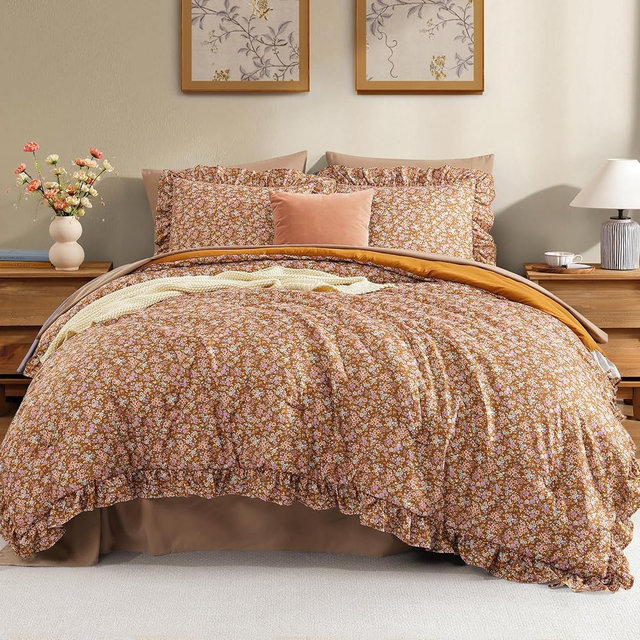 BLOOMHAVEN Queen Comforter Set - 7 Pieces Ruffle Brown Bedding Sets, Shabby Chic Farmhouse Bed in a Bag with Ruffle Comforter, Sheets, Pillowcases & Shams
