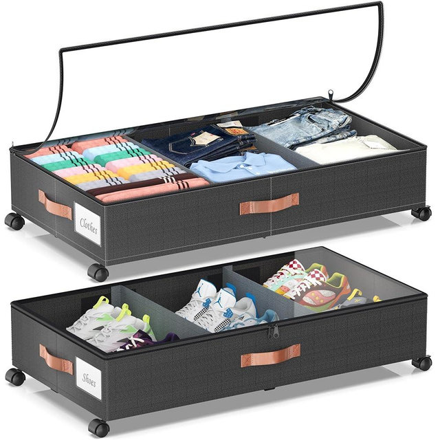 Under Bed Storage with Wheels, 2 Pack Under Bed Storage Container with Dividers & Clear Lids, Under the bed storage Organizer Bins,Underbed Storage with Wheels for Clothes,Toys,Shoes (Black, 2 Pack)