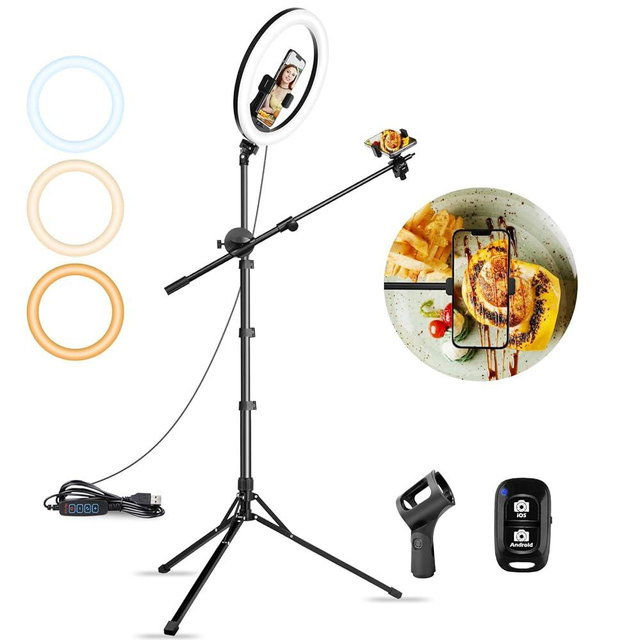 Aureday 12" Selfie Ring Light with Stand and Phone Holder, Overhead Ringlight Tripod for iPhone Photography-LED Circle Lighting with Mic Mount&Remote for Video Recording/Live Streaming/Singing/Cooking