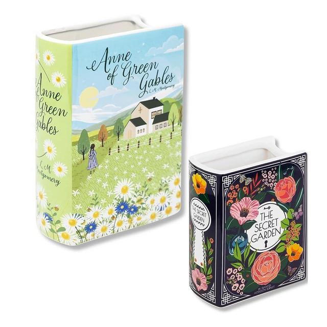 Steel Mill & Co Book-Shaped, Ceramic, Decorative Vase, Large - Anne of Green Gables Bundle with Book-Shaped Decorative Vase, Small - The Secret Garden