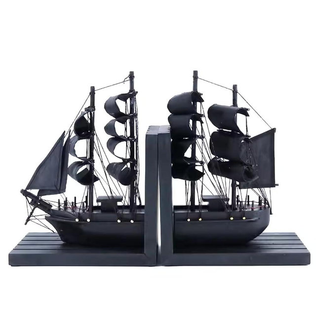 NAUTIMALL Wooden Ship bookends The Black Pearl Pirate 10" Prebuilt Caribbean Coastal Sailboat Decor Nautical Gift for Enthusiasts