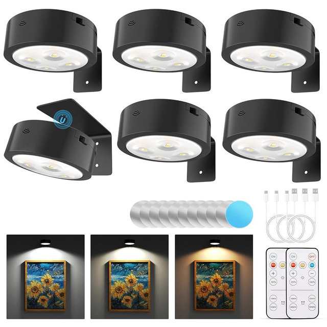 Narotood 6 Pack Picture Lights for Wall, Rechargeable Battery Operated Wall Lights, Picture Frame Lights with 3 Lighting Modes, Wireless Magnetic Painting Light with Remote Control Timer, (Black)