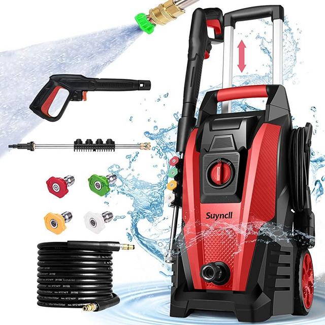 Suyncll Pressure Washer, 3800PSI Electric Power Washer, 2000W High Pressure Washer, Professional Washer Cleaner, with 4 Nozzles, Soap Bottle and Hose Reel, Best for Cleaning Cars,Driveways,Patios