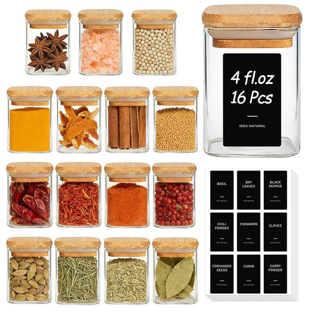 ComSaf Spice Jars with Label 4oz 16 Pack, Glass Spice Jars with Bamboo Lid, Small Seasoning Containers with 54 Black Labels, Stackable for Kitchen, Pantry Organization, Loose Tea, Herbs, Powders, Salt