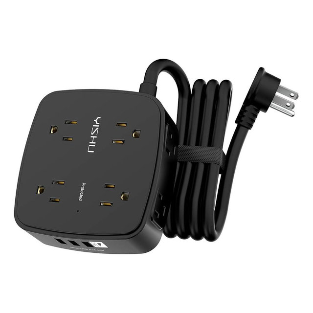 6 Ft Surge Protector Power Strip - 8 Widely Outlets with 4 USB Ports, 3 Side Outlet Extender with 6 Feet Extension Cord, Flat Plug, Wall Mount, Desk USB Charging Station, ETL,Black