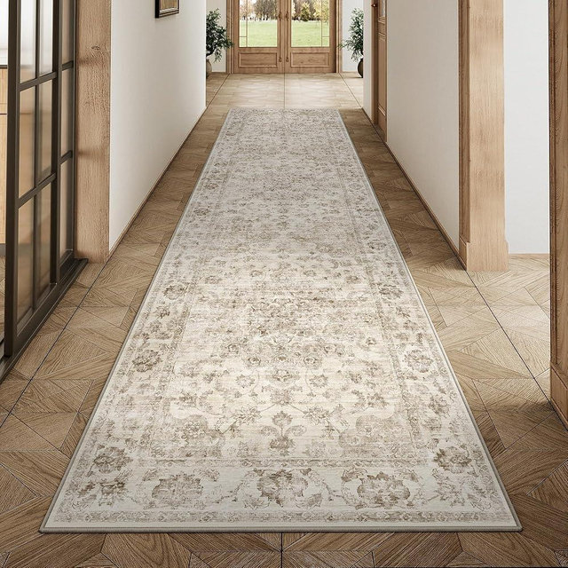 WondRg 2x10 Washable Neutral Runner Rug Beige Hallway Kitchen Non-Slip Low Pile Floral Carpet Vintage Soft Thin Throw Rug for Bathroom Bedroom Entryway Laundry Dining Room