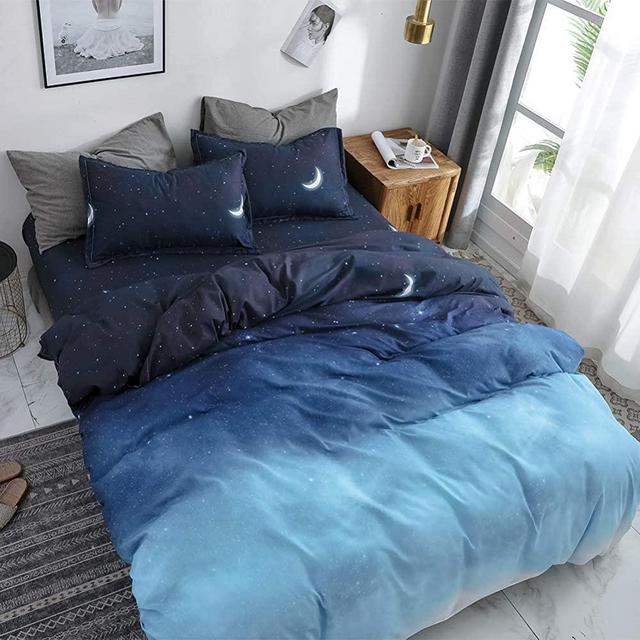 HYPREST 3 Pcs Queen Duvet Cover Set - Moon Start Blue Duvet Cover Queen- Soft Breathable Durable Duvet Cover Comforter Cover(Not Including Comforter)