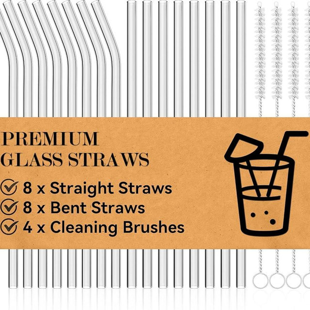 Foogwee® 20 Packs Reusable Glass Straws Set, 10'' x 8mm Clear Drinking Straws for Smoothies, Shakes, Coffee, Juice, Sodas, Milk, Tea, Cocktails, Set of 8 Straight and 8 Bent with 4 Cleaning Brushes