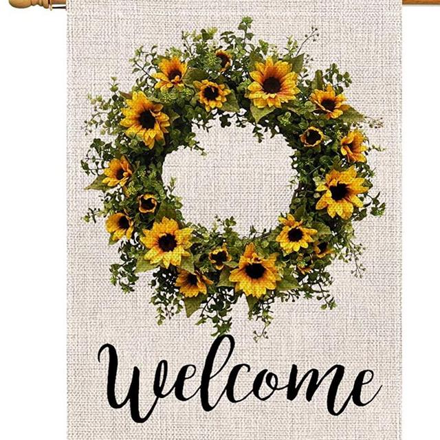 BLKWHT Spring Summer Sunflower House Flag Vertical Double Sided Farmhouse Yellow Floral Wreath Burlap Yard Outdoor Decor 28 x 40 Inches