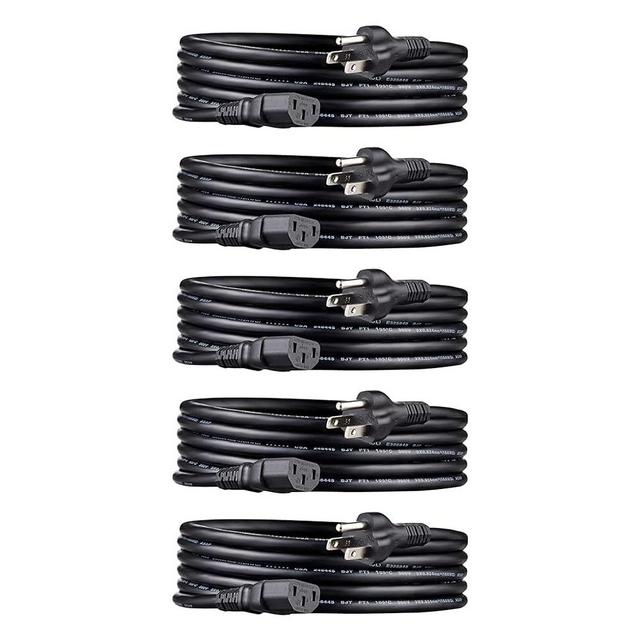 Amazon Basics PC Power Cord, 10 feet, 5-Pack, AC Power Cord for Monitor, Computer, TV, 3 Prong, 18 AWG, 125 Volts, Black