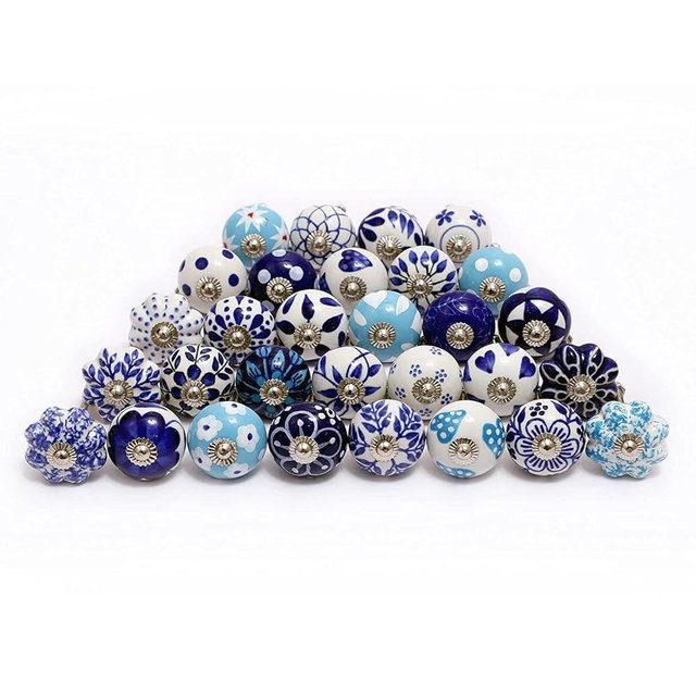 FOLK CRAFT Assorted Door Knobs - Blue Mix Designed Ceramic Cupboard Cabinet Drawer Pulls Brass Steel Door Handle Blue Pottery Chrome Hardware - Set of 30 Pcs