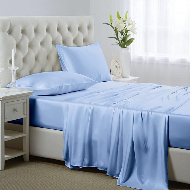 Lanest Housing Silk Satin Sheets, 4-Piece Queen Size Satin Bed Sheet Set with Deep Pockets, Cooling Soft and Hypoallergenic Satin Sheets Queen - Light Blue