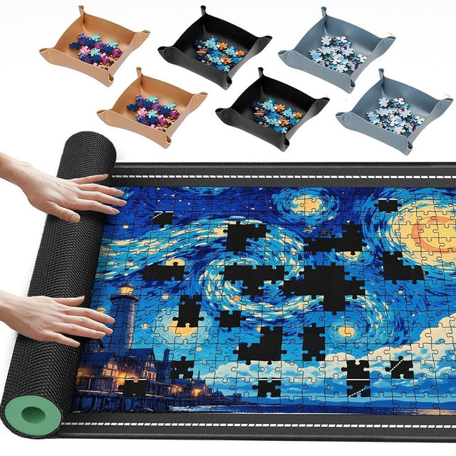 Lwoeo Jigsaw Puzzle Mat Roll Up 2000 Pieces, Black 48.4” x 30.7” Smooth Top Saver Pad, Large Puzzel Matt Rollup with 6 Sorting Trays & Travel Storage Bag for Sorting Table, Board, Puzzles Mats