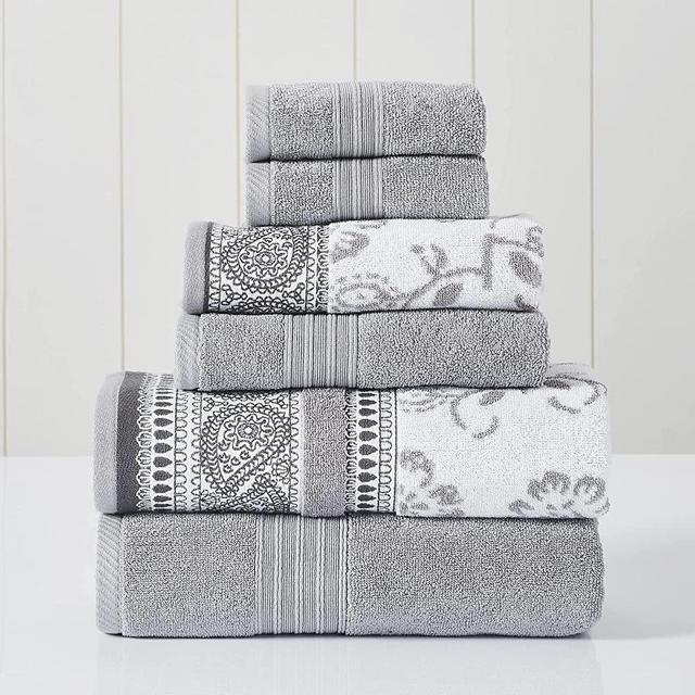 Modern Threads 6-Piece Yarn Dyed Jacquard/Solid Towel Set Ophelia Stone, Standard