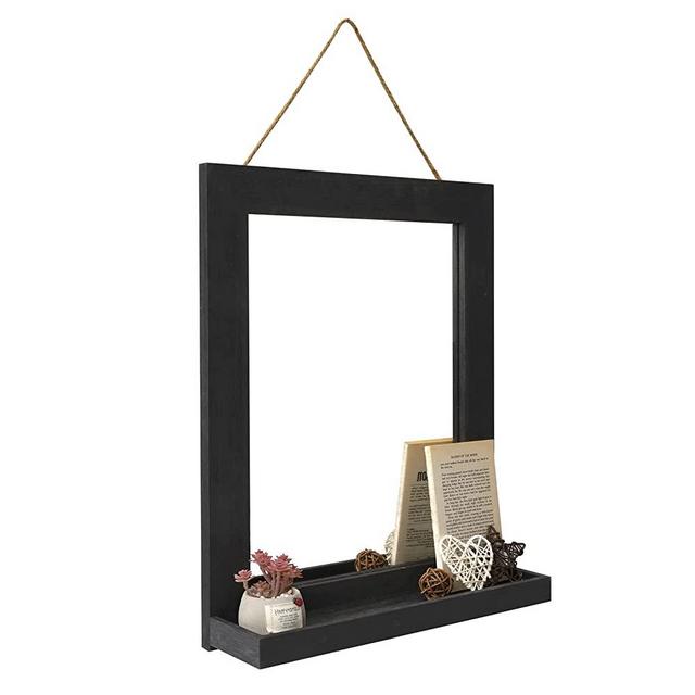 Emfogo Wall Mirror with Shelf, 20 x 16 inch Farmhouse Decor Wall Mirror Hanging for Bathroom, Vanity, Bedroom, Entryway, Living Room (Weathered Black)