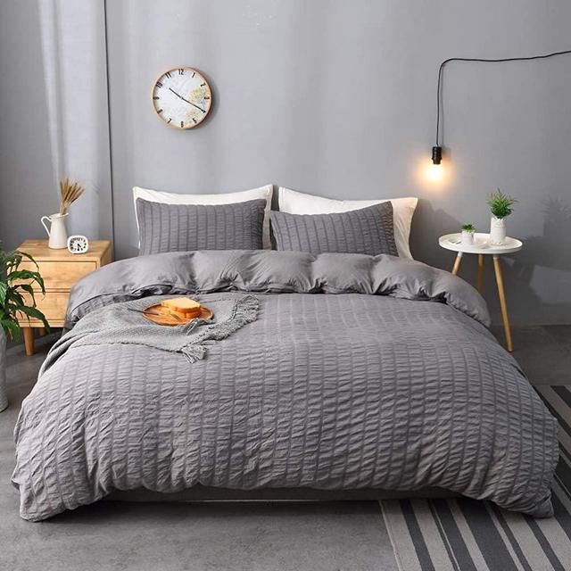 M&Meagle 3 Pieces Textured Duvet Cover Dark Grey Set with Zipper Closure,100% Washed Microfiber Seersucker Fabric,Luxury Hotel Quality Bedding-King Size(1 Duvet Cover 2 Pillowcases)