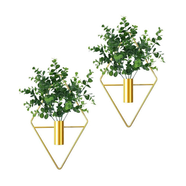 PEEOHMGZ 2 Pieces Diamond Shape Hanging Planters with Artificial Eucalyptus Plants Metal Vase Indoor Holder Modern Geometric Wall Decor for Home Living Room (Gold)