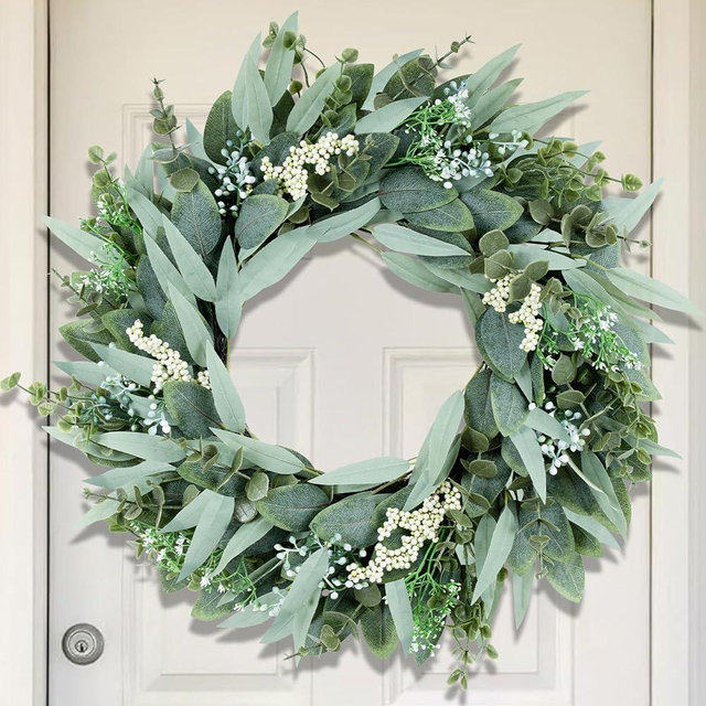 26" Eucalyptus Wreaths Large Artificial Greenery Outdoor/Indoor Wreath Spring/Summer Wreath Green Wreaths for Front Door Porch Window Wall Hanging Decor All Year Round Wr-eath（Green）