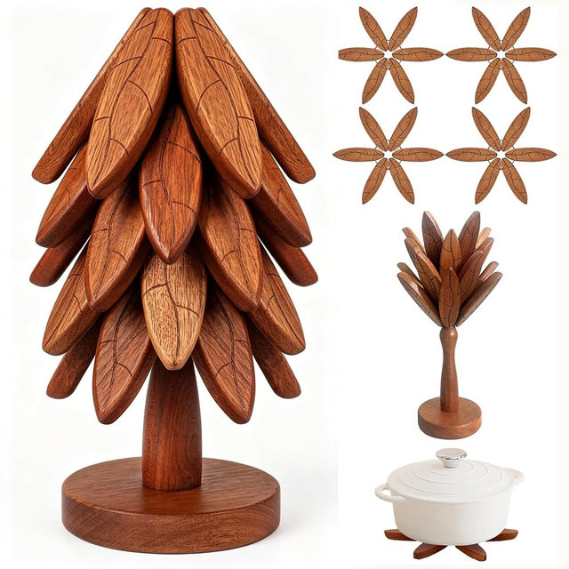 Tree Coasters, 5-Layer Wooden Trivets for Hot Dishes/Pot/Bowl/Teapot/Pans, Enhanced Heat Insulation Tree Shape Trivet Set, Gifts for Him/Her (Leaf Pattern - 5Pcs)