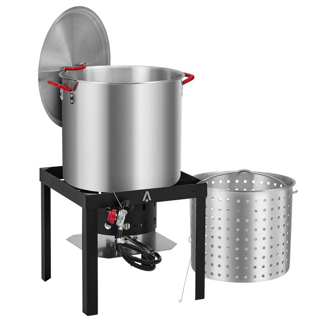 GustoWave Outdoor Seafood Crawfish Boiler, 100 Quart Stockpot with Strainer Basket & Burner Stand