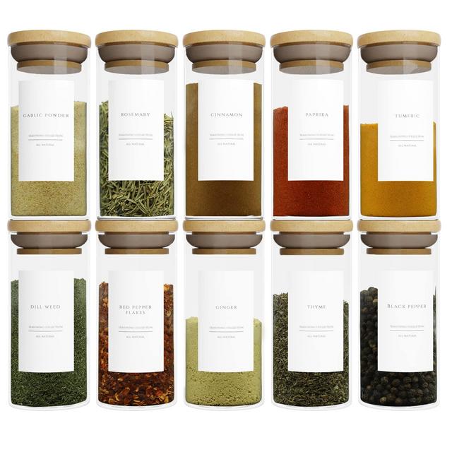 Decorium Interiors Bamboo Spice Jars (10 Pack, 6oz) – Glass Jars with Bamboo Lids - Spice Containers with Bamboo Lids w/ 105 Pre-Printed Labels
