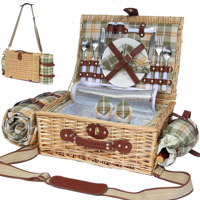 HYBDAMAI Picnic Basket for 2 with Blanket, Willow Picnic Basket Set with Shoulder Strap&Wine Pouch, Large Willow Hamper with Insulated Cooler for Outdoor, Camping, Beach, Couples, Wedding Gift