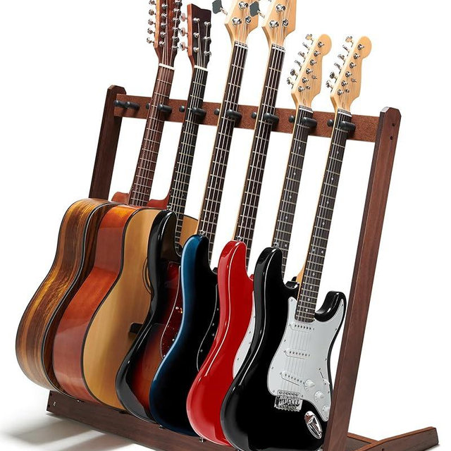 Musbeat Multiple Guitar Stand, Black Walnut Wood Multi Guitar Rack for 5 Acoustic, 7 Electric or 7 Bass, Hardwood Instrument Racks for Men, Wooden Floor Acoustic Stand for Home Decor, Studio Display