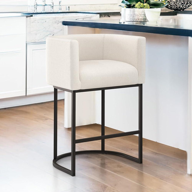 LUE BONA 27" H Counter Height Bar Stools, Modern Barrel Counter Stools with Backrest and Arms, Black Metal Frames, Linen Fabric Upholstered Accent Barstools for Kitchen Island, Beige