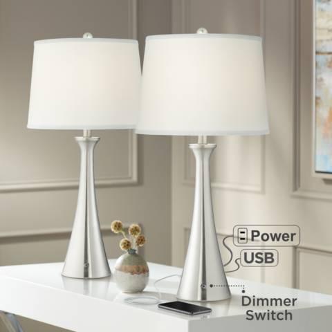 Karl Full Range Dimmer Brushed Nickel Lamp Set of 2 with USB