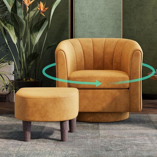 LINSY Swivel Accent Chair, Velvet Small Barrel Chair with Ottoman, 360 Degree Swivel Armchair for Living Room Bedroom Nursery Office (Yellow)