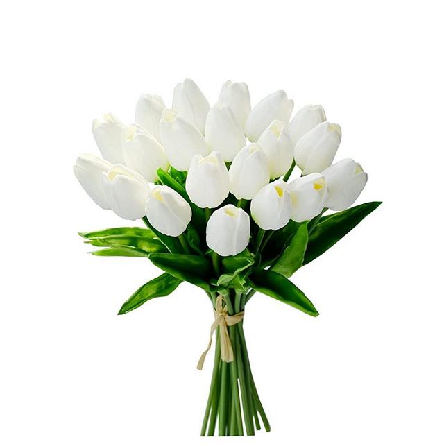 Mandy's 20pcs Pure White Flowers Artificial Tulip Silk Flowers 13.5" for Home Kitchen Wedding Decorations