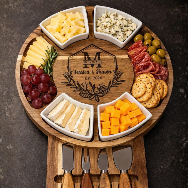 Personalized Acacia Wood Charcuterie Board, Custom Cheese Board & Knife Set, Wedding Gift for Couple, Engraved 5th Anniversary Gift