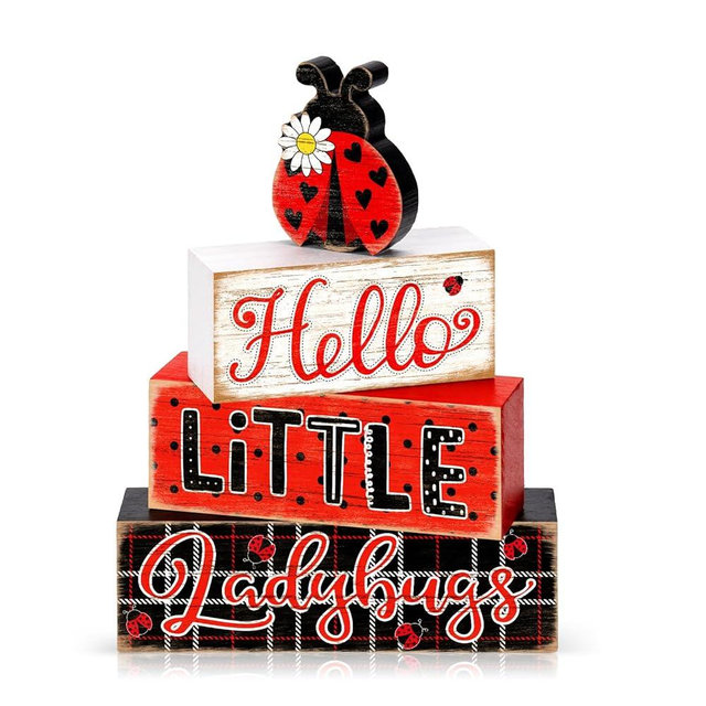 4Pcs Spring Ladybug and Daisy Wooden Table Decor Spring Hello Little Ladybugs Tiered Tray Decorations Set Rustic Farmhouse Wooden Stack Block Signs Party Tabletop Decor for Home Kitchen Office