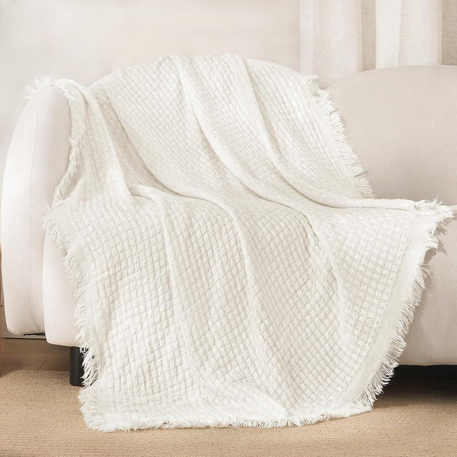 Exclusivo Mezcla Twin Size Knit Blanket with Fringes for Bed, Reversible Super Soft and Warm Woven Boho Throw for All Season, Home Decor, 60"x80", Ivory