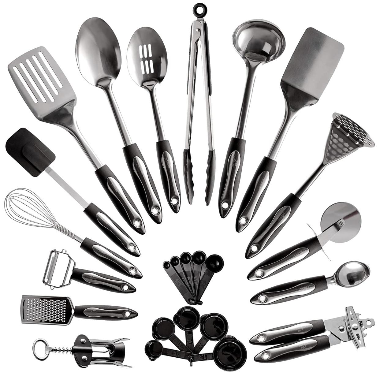 25-Piece Stainless Steel Kitchen Utensil Set | Non-Stick Cooking Gadgets and Tools Kit | Durable Dishwasher-Safe Cookware Set | Kitchenware Gift Idea, Best New Apartment Essentials