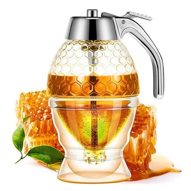 Honey Dispenser Jar - Drip Proof - Maple Syrup Dispenser - Attractive Honeycomb Shaped Honey Pot - Honey Jar with Stand, Beautiful Bee Decor