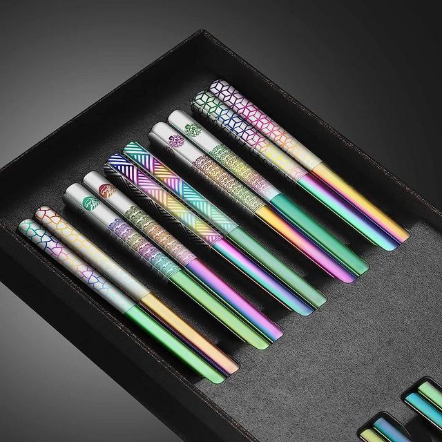 Metal Chopsticks Reusable 18/8 Stainless Steel Chopsticks Laser Engraved Premium Titanium Chop Sticks Dishwasher Safe Lightweight Japanese Korean Chopsticks 5 Pairs Gift Set (Rainbow)