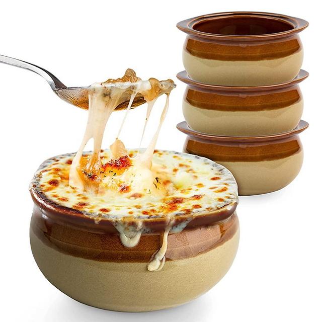 Stock Your Home 12 oz French Onion Soup Crock (4 Pack) -Two-Toned Brown & Ivory Porcelain Soup Bowls -Oven Safe Soup Bowls -Microwave and Dishwasher Safe Soup Crocks