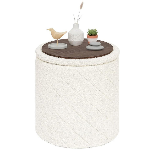 PINPLUS Ottoman with Stroage Round Boucle Ottoman and Tray Sherpa Removable Foot Stool Coffee Table for Dorm, Living Room White, 16.9"x16.9"x17.7"