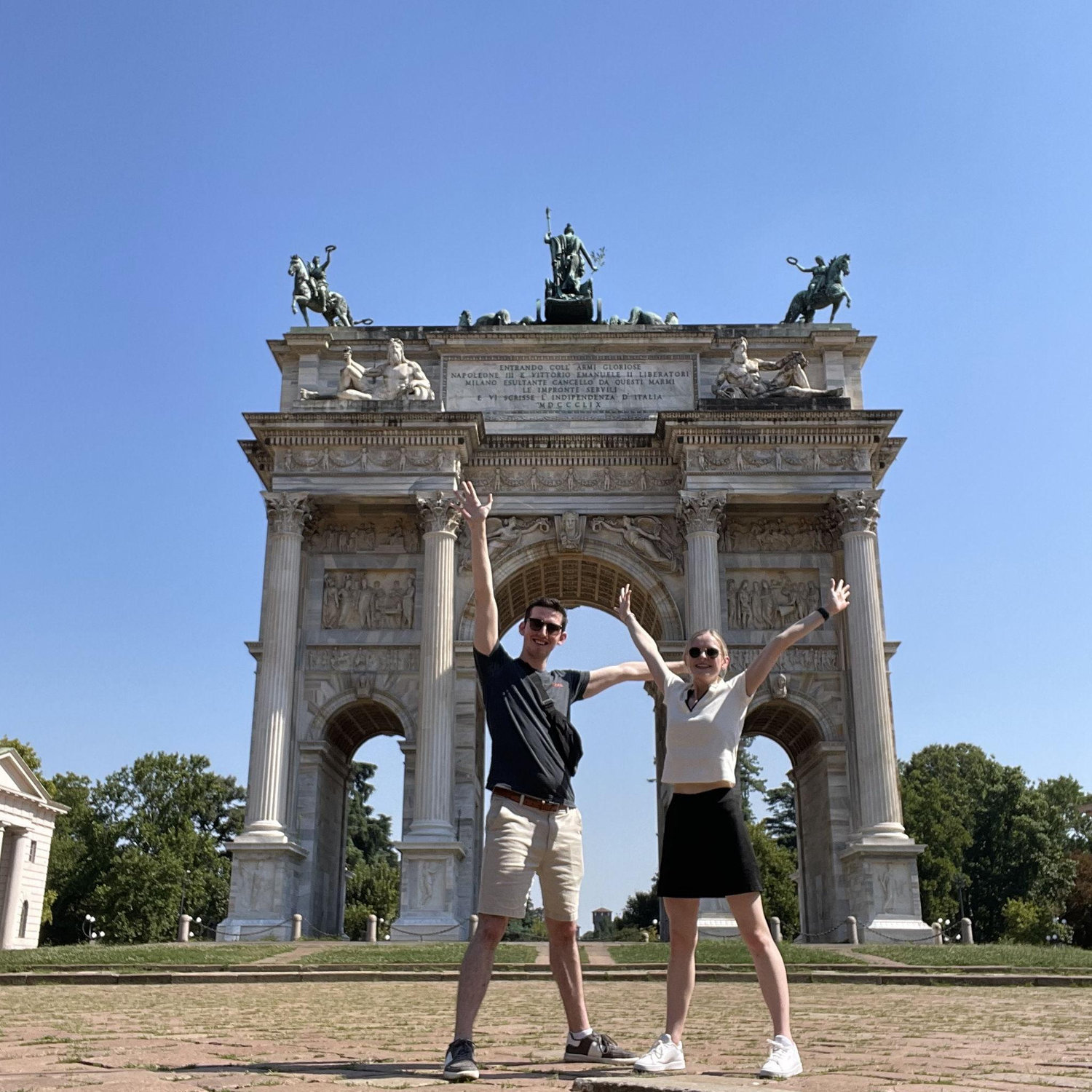 Arco della Pace in Milan, Italy. We spent the day joyriding around the city on electric scooters and scouting our locations for our next cup of espresso (August, 2025).