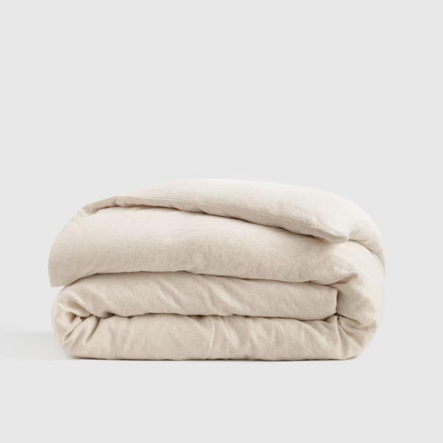 King-Sized European Linen Stripe Duvet Cover in Natural/White Mini Pinstripe | Quince