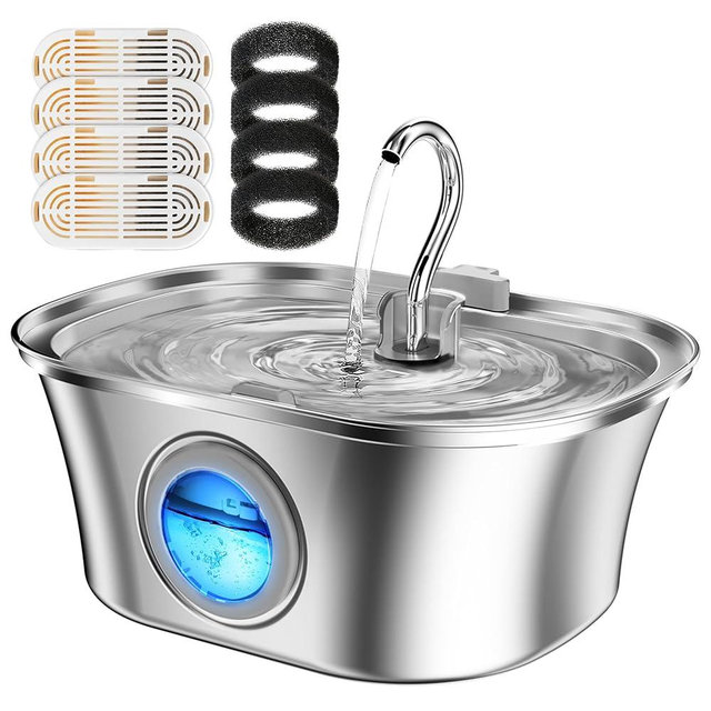 Cat Water Fountain with Water Level Window, HICC PULE 108oz/3.2L Stainless Steel Automatic Pet Water Fountain, Dishwasher Safe Dog Water Dispenser with Ultra-Quiet Pump, Multi-Filtration System