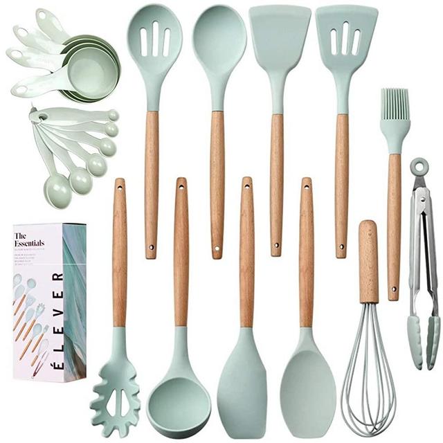 Silicone Kitchen Utensils Set - 20 Wooden Cooking Utensils Set. Silicone Heat Resistant Spatula Set, Kitchen Accessories, Serving Utensils for Cooking. Best Kitchen tools and Kitchen Gadgets for Home