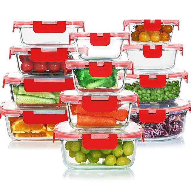 KOMUEE 24-Piece Glass Food Storage Containers Set,Glass Meal Prep Containers Set with Lids-Stackable Airtight Glass Storage Containers with lids,BPA Free,Freezer to Oven Safe,Red